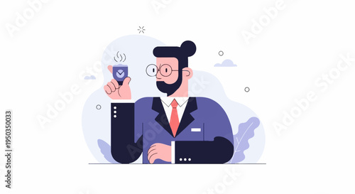 A bearded man in a suit holds a small cup with a checkmark