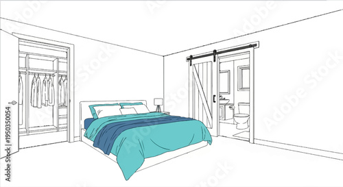 A bedroom with a closet and a barn door leading to a bathroom