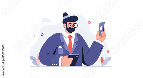 A bearded man in a suit and tie holds two phones