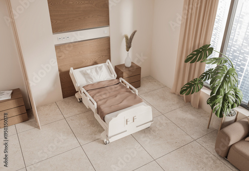 Cozy medical clinic room interior with modern style bed, warm minimalist design on bright tiled background, concept of healthcare comfort 3D Rendering