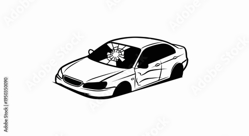 A stylized black and white illustration of a damaged car