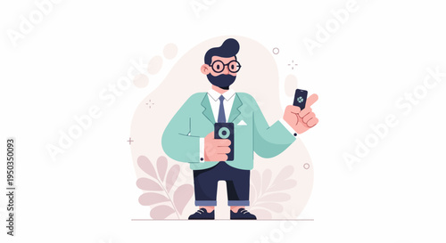 A bearded man in a suit and glasses holds two smartphones