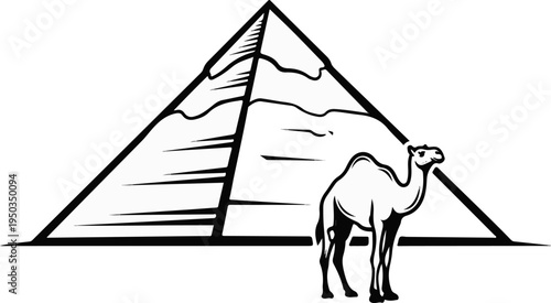 A stylized black and white illustration of a pyramid with a camel in front