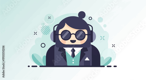A flat cartoon character wearing headphones, glasses, and a suit