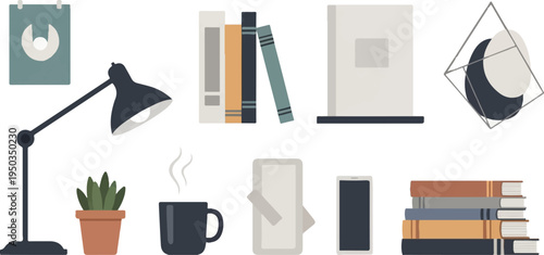 A collection of items on a desk, including books, a lamp, and a mug