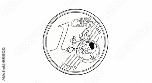 A black and white outline sketch of a one euro cent coin with a map of Europe and the Earth