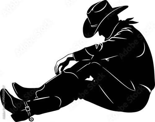 Relaxed cowboy sitting with boots crossed and hat down black and white silhouette.