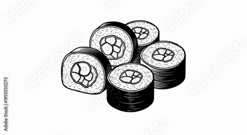 A stylized black and white illustration of five sushi rolls arranged closely together