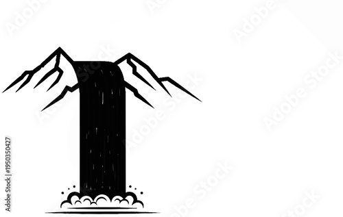 A stylized black waterfall cascades down from two sharp, angular mountains