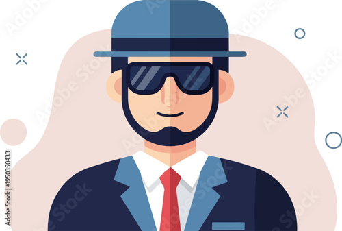 A flat illustration of a man in a suit, hat, and sunglasses