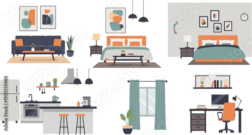 A collection of minimalist home interior scenes featuring living room, kitchen, bedroom, and office areas