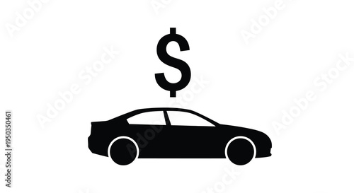 A minimalist black silhouette depicts a car with a dollar sign floating above symbolizing vehicle cost or financial investment