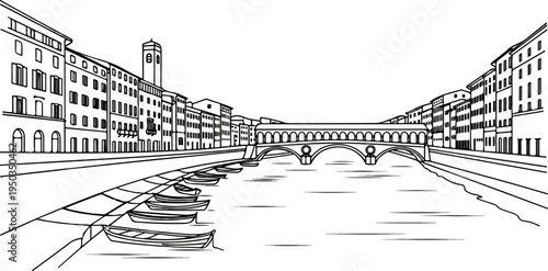 A lined drawing of buildings lining a canal with a bridge and boats