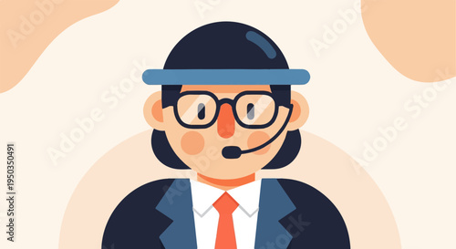 A flat illustration of a person wearing headphones and a suit, representing customer service