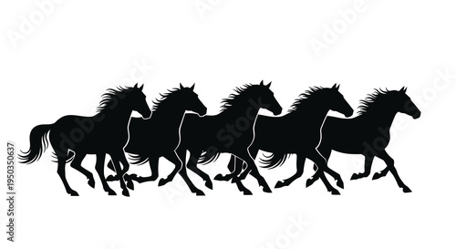 A striking black silhouette depicts five horses galloping dynamically conveying power and freedom in motion high quality professional detailed