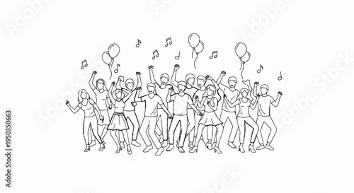A lively sketch of a crowd of people dancing joyfully with music notes and balloons above