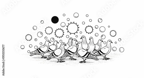 A flock of pigeons gather near abstract circular patterns and bubbles