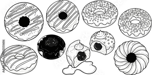 A collection of assorted donuts, some glazed and sprinkled, others filled