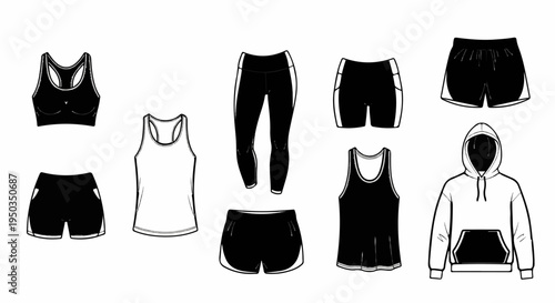 A collection of black and white athletic apparel illustrations