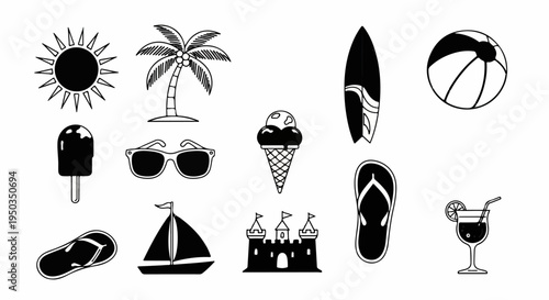 A collection of black and white summer icons
