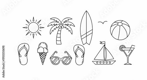 A collection of black and white vector icons representing summer beach elements