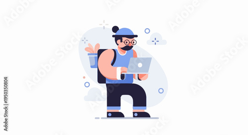 A cartoon character wearing a hat, glasses, and carrying a backpack with a plant, uses a laptop