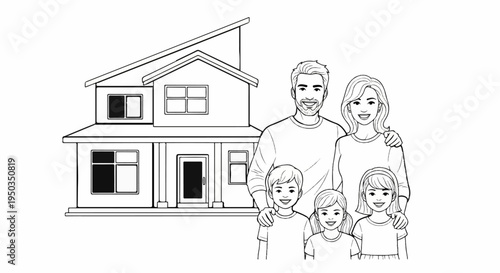 A smiling family of four poses in front of their modern house
