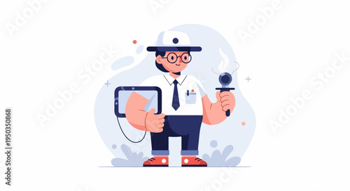 A cartoon reporter with a microphone and tablet stands against a white background