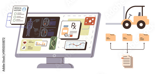 Digital healthcare, medical records, data management, supply chain, diagnostics, health analytics. Computer monitor with medical data and forklift moving files. Digital healthcare and medical records