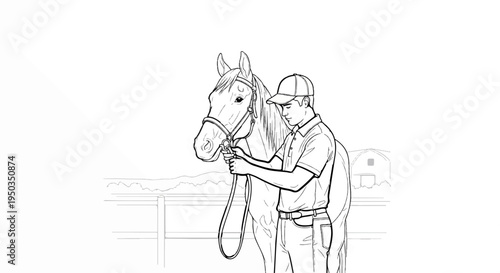 A man in a cap and polo shirt with jeans is holding a horse's reins at a farm
