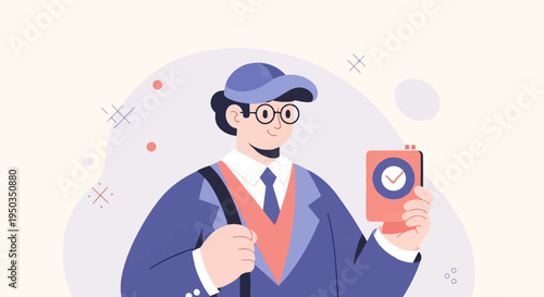 A smiling person in a blue suit and cap holding a red card with a checkmark