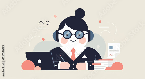 A cartoon person with headphones works at a desk with a laptop and papers