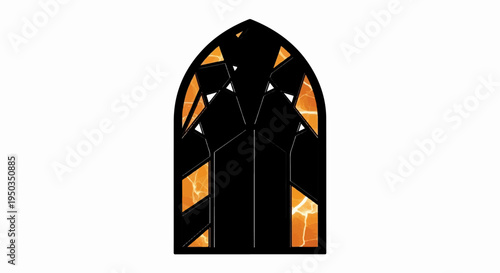 A gothic arched window with abstract orange and black segmented panes