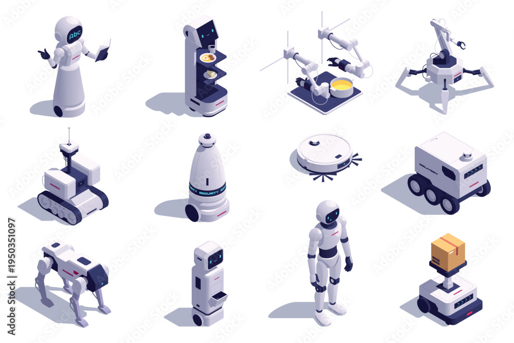Fototapeta premium Isometric Robotics Technology Set with Multiple Robot Types