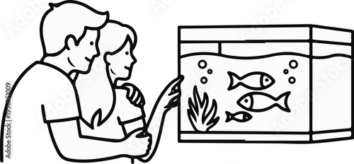 A couple admires an aquarium filled with fish and aquatic plants