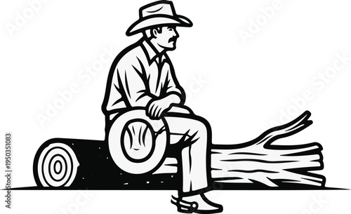 A cowboy sits on a log, holding his hat