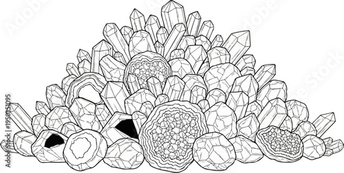 A collection of quartz crystals and cut agates in a natural formation