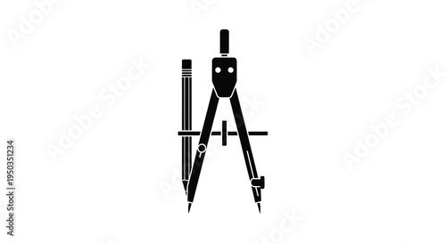 A minimalist black and white depiction showcases a drafting compass alongside a pencil and a straightedge high quality professional