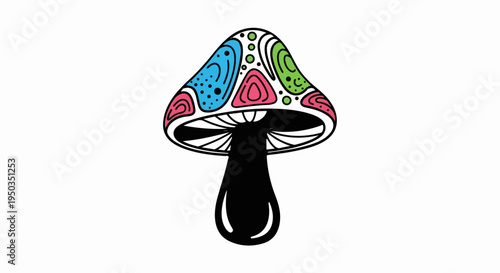 A colorful, cartoonish mushroom with a black stem and detailed cap