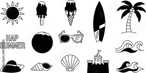 A collection of summer icons sun, ice cream, surfboard, palm tree, waves, hat, beach ball, shells, and castle