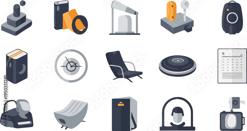 A collection of diverse isometric icons representing technology, objects, and a person
