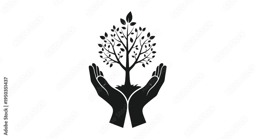 Obraz premium A stylized black silhouette depicts a small tree growing within cupped hands representing care and environmental stewardship high quality