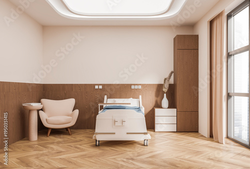 Minimalist hospital room interior with warm wooden textures in clean modern style on soft neutral background, concept of comfort healing space, 3D Rendering