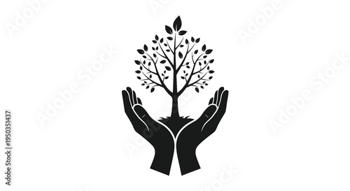 A stylized black silhouette depicts a small tree growing within cupped hands representing care and environmental stewardship high quality
