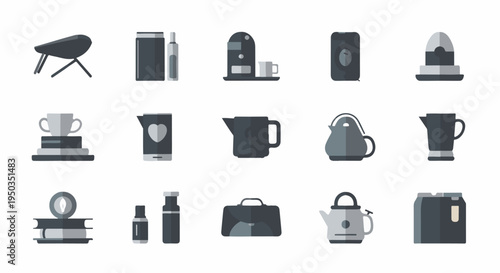 A collection of flat design icons depicting kitchen appliances and items