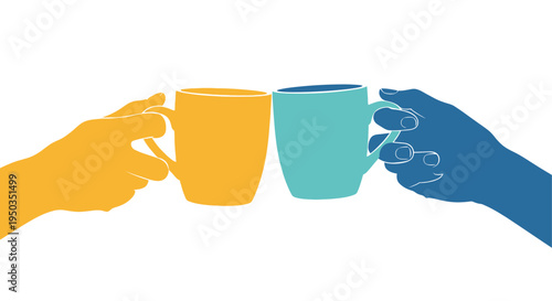 Two hands one yellow and one blue are shown clinking coffee or tea cups together high quality professional detailed