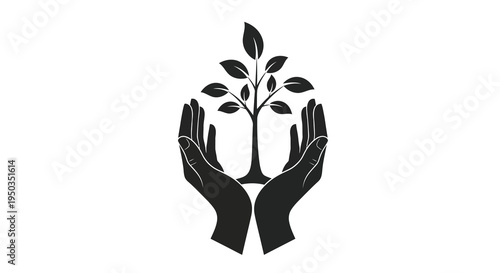 A silhouetted image depicts two hands gently cupping and protecting a small budding tree symbolizing growth high quality professional