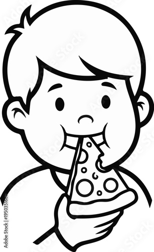 A cartoon child with chubby cheeks joyfully eats a slice of cheese pizza