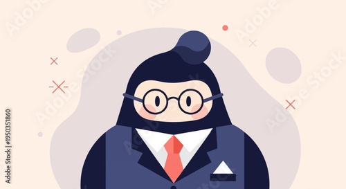 A cartoon figure in a suit with round glasses and a red tie