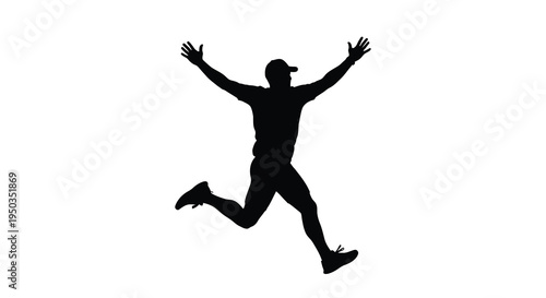 A silhouetted figure of a person with arms raised is captured mid jump against a stark white background high quality